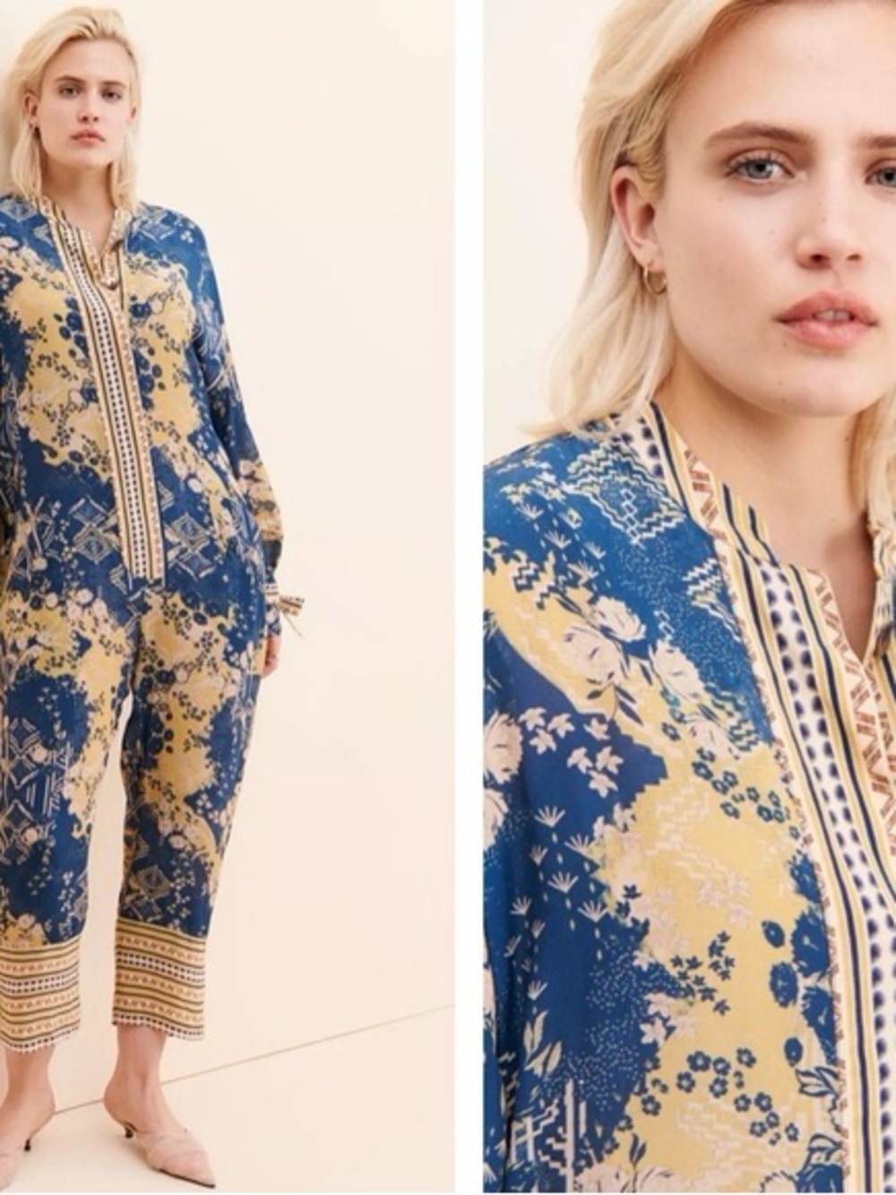 CHUFY Lima Jumpsuit Button Up Blue Multicolor Floral Pattern Geometric Size S